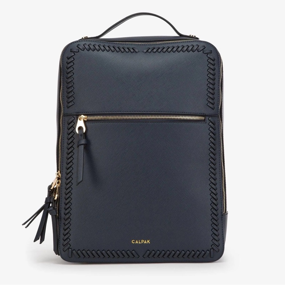 CALPAK Kaya 15 inch Leather Laptop Backpack in Navy Blue
